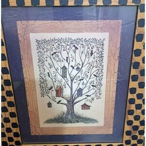 Vintage Primitive Framed Folk Art Print By Anne Scott Wood Frame 13"X11"